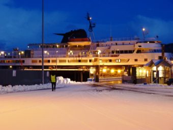 The ferry Taku waits to load passengers in Sitka while it was still sailing. It’s been tied up and now is for sale. (Photo by Ed Schoenfeld/CoastAlaska News)