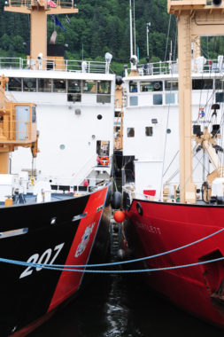 The Coast Guard Cutter Maple and the Canadian coast guard vessel Bartlett sit side-by-side at Coast Guard Station Juneau July 16, 2012. The two buoy tender crews, along with four other U.S. Coast Guard cutter crews, travelled to Juneau for the annual buoy tender roundup. U.S. Coast Guard photo by Petty Officer 3rd Class Grant DeVuyst.