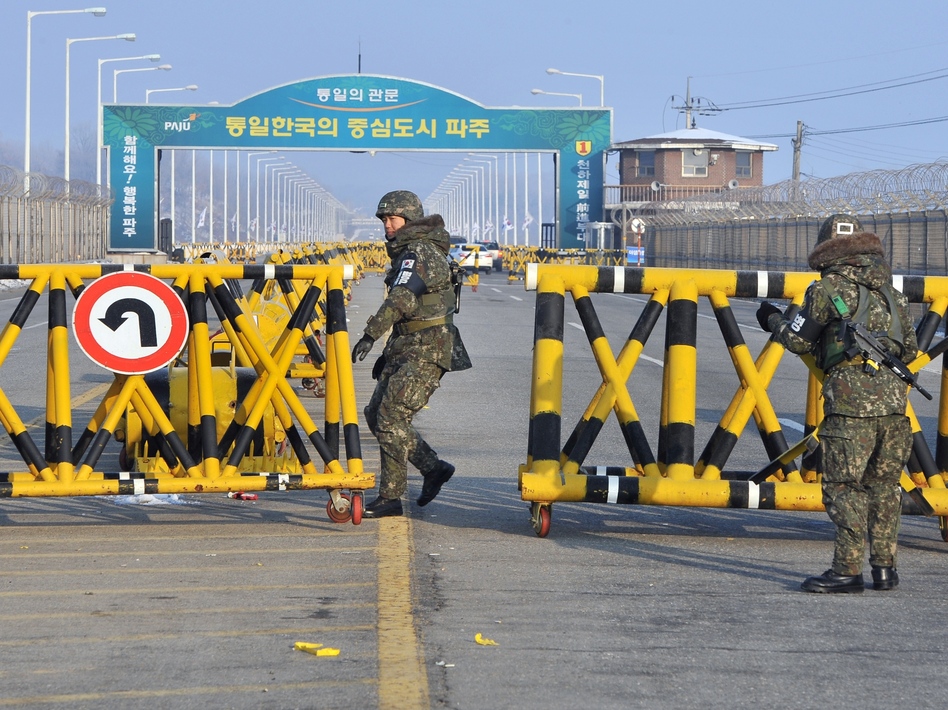 South Korean soldiers set up barricades across the road linking North Korea's Kaesong Industrial Complex last month. Jung Yeon-je/AFP/Getty Images South Korean soldiers set up barricades across the road linking North Korea's Kaesong Industrial Complex last month. Jung Yeon-je/AFP/Getty Images