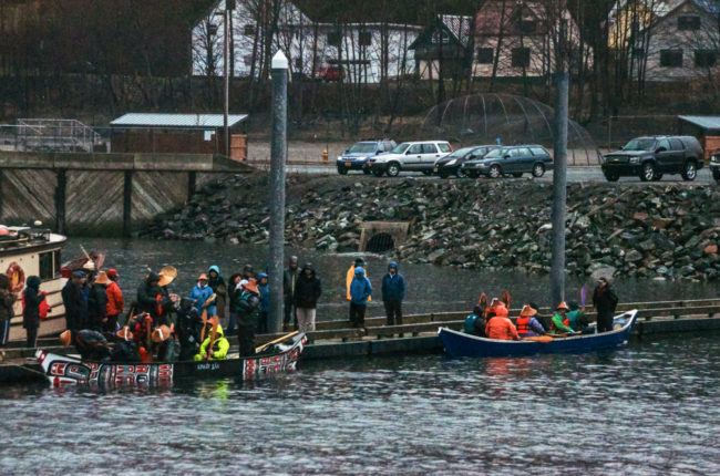 The two canoes prepare to leave Juneau on April 24. 