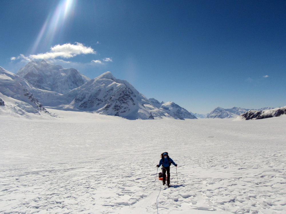 Alaska Air National Guardsman Staff Sgt. Brett Wilson traverses lower Kahiltna Glacier while conducting winter rescue and glacier training on Mount McKinley. Wilson and four other Alaska Air National Guardsmen with the 212th Rescue Squadron became the first group to reach the 20,320-foot peak of Mount McKinley this year after summiting North America’s tallest mountain May 9. (Photo courtesy of the Alaska Air National Guard)