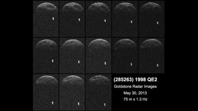 Radar images of asteroid 1998 QE2, taken when the cosmic traveler was about 3.75 million miles from Earth, revealed that the asteroid, with a 1.7-mile diameter, has a moon or satellite revolving around it. NASA/JPL-Caltech/GSSR Radar images of asteroid 1998 QE2, taken when the cosmic traveler was about 3.75 million miles from Earth, revealed that the asteroid, with a 1.7-mile diameter, has a moon or satellite revolving around it. NASA/JPL-Caltech/GSSR