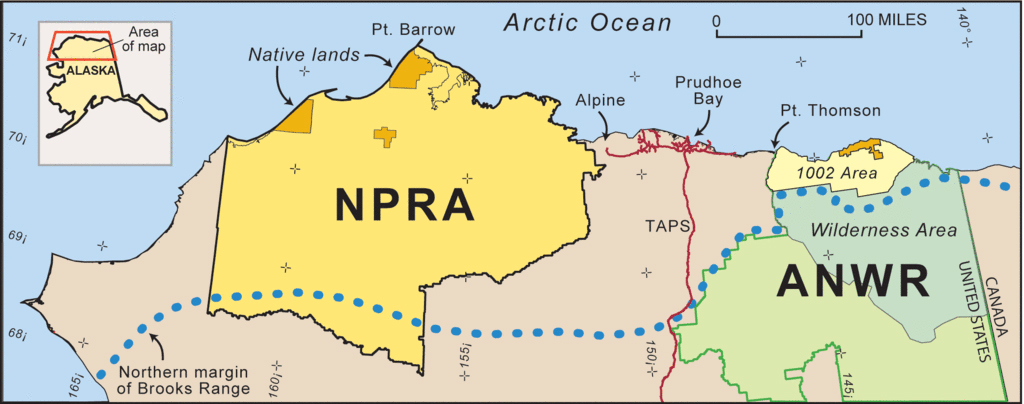 NPRA map Map of northern Alaska showing location of Arctic National Wildlife Refuge, ANWR-en:1002 area, and the National Petroleum Reserve-Alaska (NPRA).