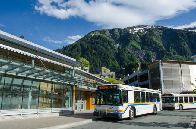 A city bus at the downtown station