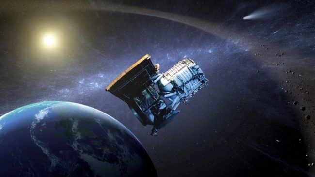 This artist's drawing shows the Wide-field Infrared Survey Explorer, or WISE spacecraft, in its orbit around Earth. NASA/JPL-Caltech
