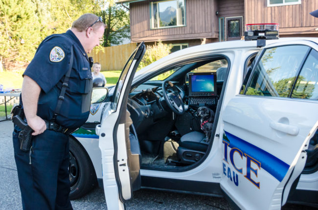 Maggie the dog called shotgun in one of the police cars.