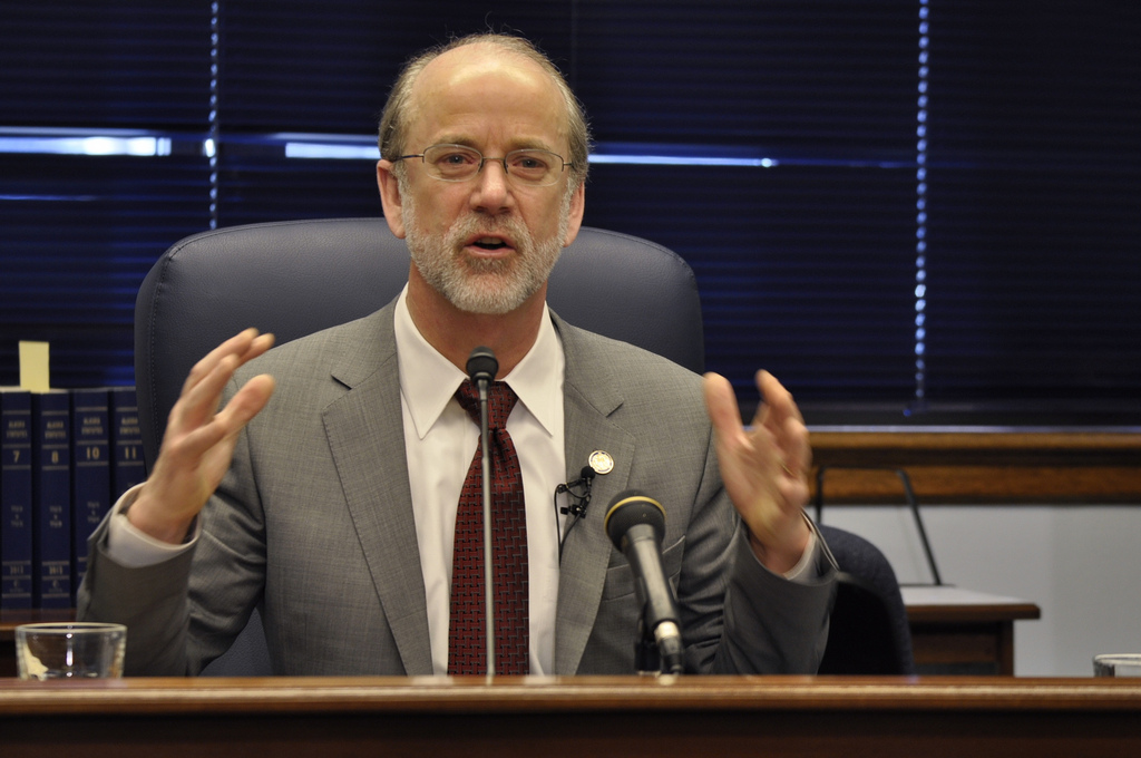 Sen. Hollis French speaks to reporters during a press conference held on Feb. 24, 2014 to announce the introduction of his resolution to allow a constitutional amendment that would remove Alaska’s constitutional ban on same-sex marriage. (Photo by Skip Gray/Gavel Alaska)
