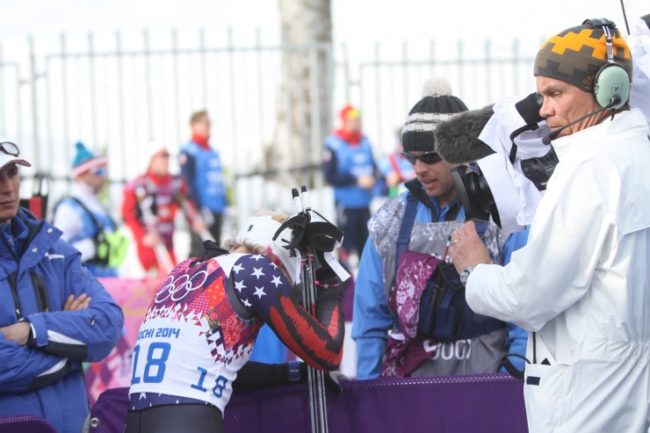 Kikkan Randall talks with her husband Jeff Ellis after the race. Photo courtesy of fasterskier.com