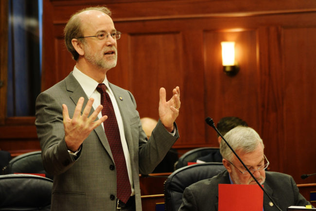 Sen. Hollis French speaks on the floor of the Senate during an hours-long debate on SB 138 related to an Alaska gas pipeline, March 18, 2014.  (Photo by Skip Gray/Gavel Alaska)