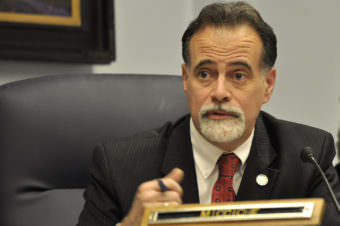 Sen. Peter Micciche participates in a discussion in a Senate Resources Committee meeting, Feb. 5, 2014. (Photo by Skip Gray/Gavel Alaska)