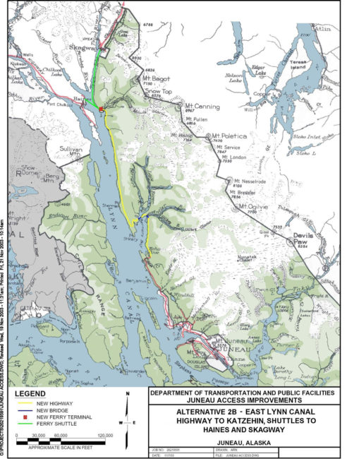 A map of the favored proposed route to Katzehin. (Map courtesy Alaska DOT)
