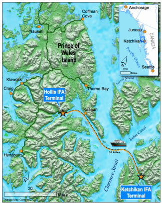A map of southern Southeast shows the route taken by the IFA ferry. (IFA photo)