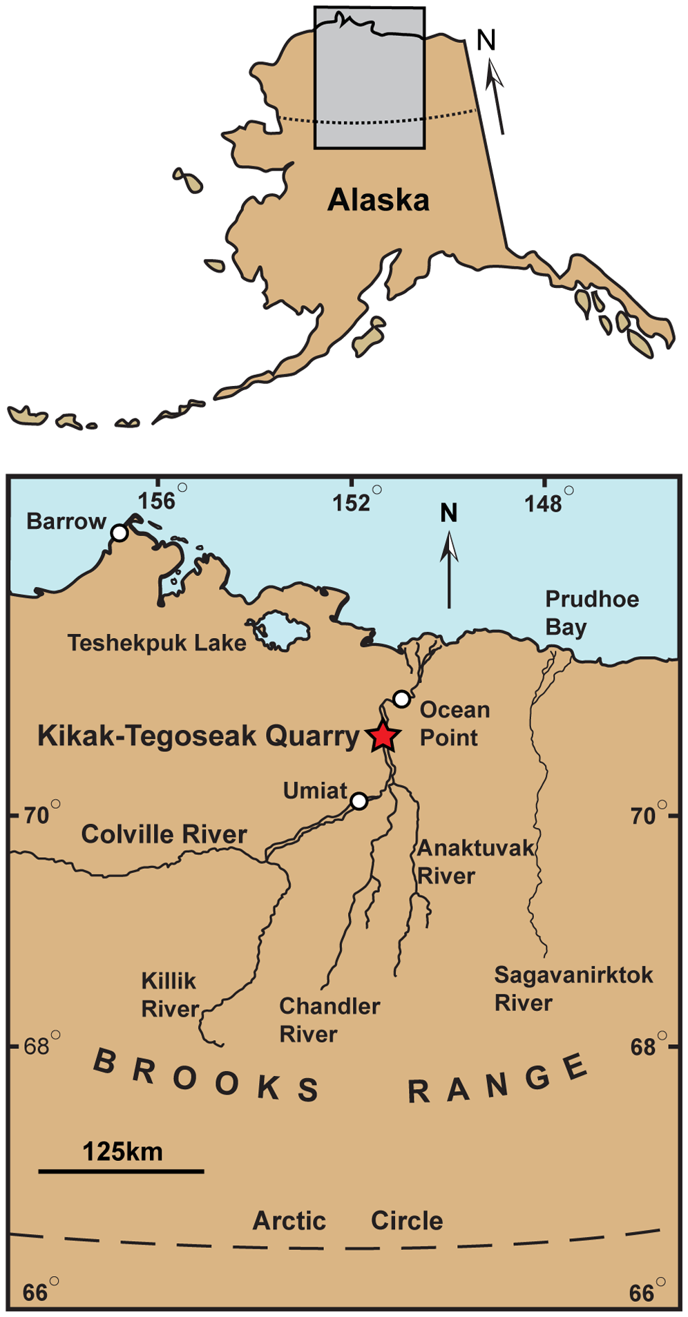 Map showing approximate location of the Kikak-Tegoseak Quarry. Gray rectangle indicates area seen in close-up view below. White circles indicate cities, towns, or settlements. Red star shows location of the Kikak-Tegoseak Quarry. (Courtesy PLoS)