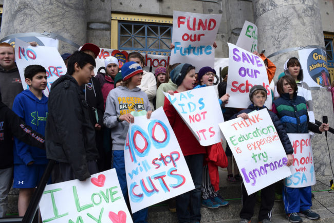 Students from the Juneau Charter School participate in a rally on the Capitol steps organized by the Great Alaska Schools coalition, April 4, 2014. (Photo by Skip Gray/Gavel Alaska)