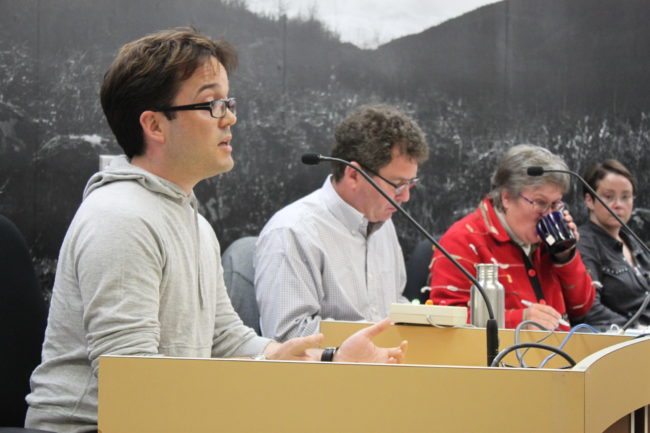Brendan Sullivan was one of several members of the public to urge against proposed cuts to Treadwell Ice Arena. (Photo by Lisa Phu/KTOO)