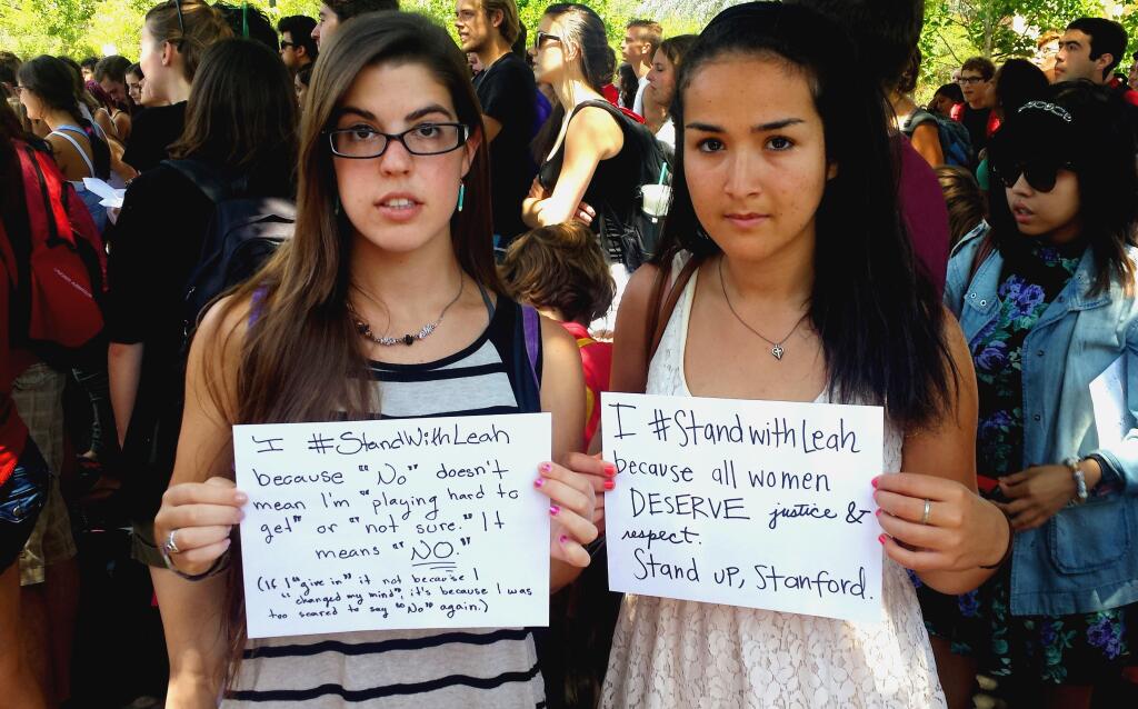 Sarai Gould and Chelsea Green at a rally on the Stanford University campus raising awareness about sexual assault and supporting Leah Francis. Thursday, June 5, 2014. (Photo courtesy Sarai Gould.)
