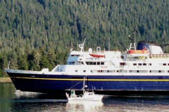 The ferry Taku sails into the Wrangell Narrows on its way south. It's part of an aging fleet needing repairs or replacement. (Ed Schoenfeld/CoastAlaska News)