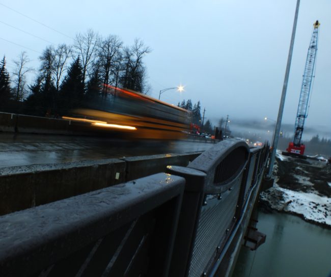 Picture from last December shows traffic flowing across the first phase of the Brotherhood Bridge replacement project. (Photo by Matt Miller/KTOO)