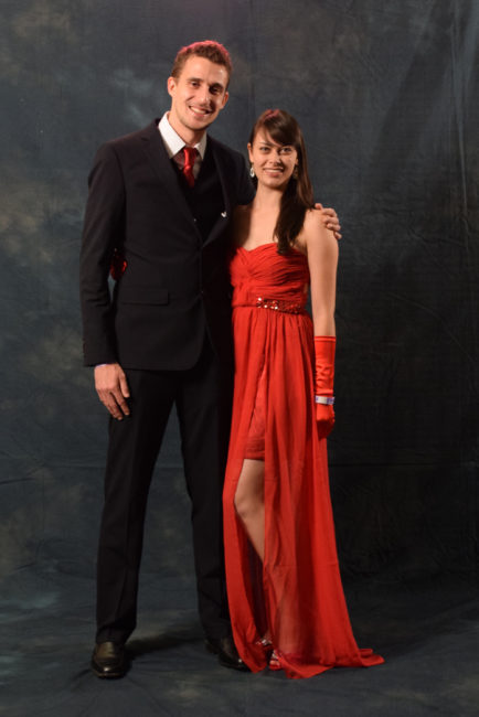 Quinten and Lindsey Hennekam.  Lindsey ordered a long, red Adrianna Papell dress online especially for the gala. Quinten's red tie was bought locally to match his wife's ensemble.  (Photo by Skip Gray/KTOO)