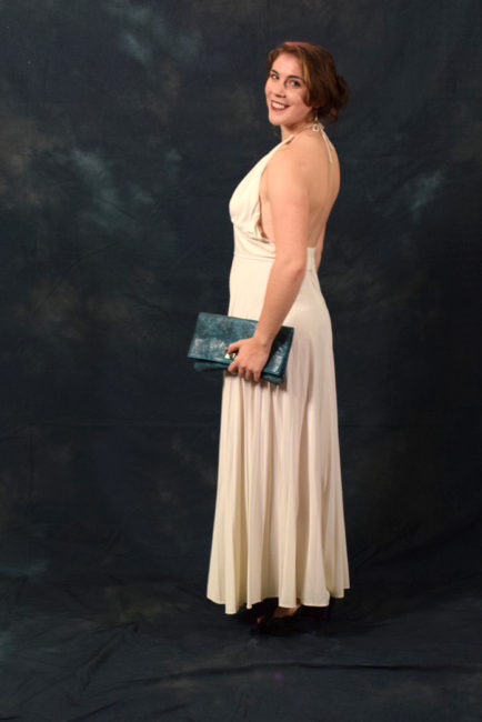 Tamsen Peeples.  "This is my mother’s prom dress from 1965. I wore it as my prom dress," said Peeples. "I was looking for any excuse to bring it out of the closet once more." (Photo by Skip Gray/KTOO)