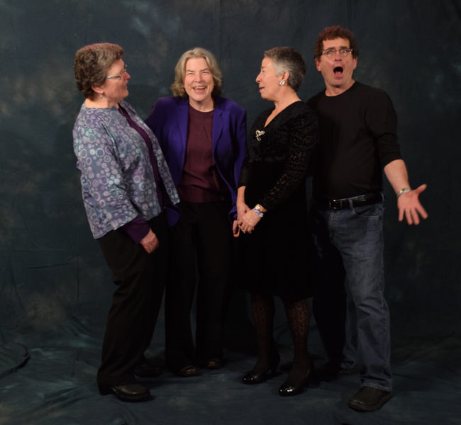 Martha Murray, Jennifer Shapland, Jetta Whittaker, Rob Steedle.  Murray and Shapland are wearing the same outfits they wore to their wedding two years ago. Whittaker's earrings were brand new during Steve Cowper's inaugural ball. (Photo by Skip Gray/KTOO)