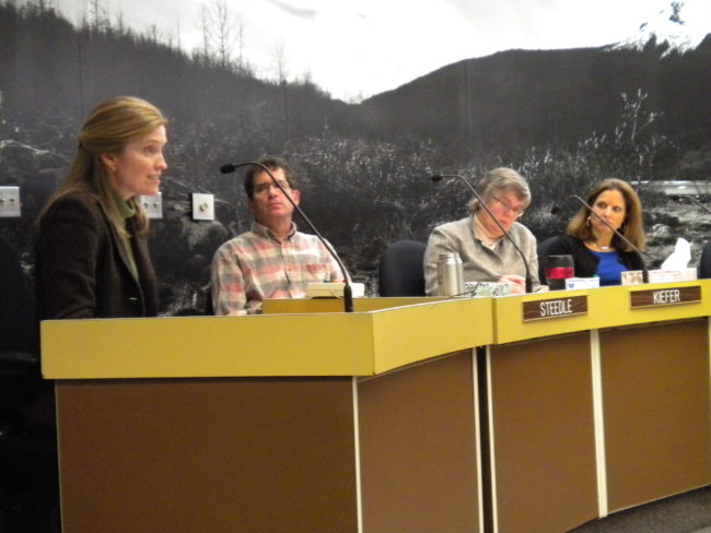 Emily Neenan testifies before the Juneau Assembly on Monday. Neenan claims an increase to tobacco taxes significantly reduce smoking among Alaska's youth population. (Photo by Kevin Reagan/ KTOO)