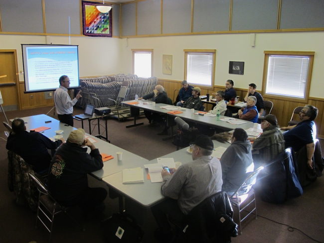 Kuskokwim River Inter Tribal Fisheries Commission steering committee members hear from AVCP attorney Sky Starkey. (Photo by Ben Matheson / KYUK)