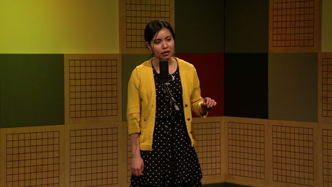 Maeva Ordaz reciting "The Nail." (Photo by Sarah Yu/360 North)