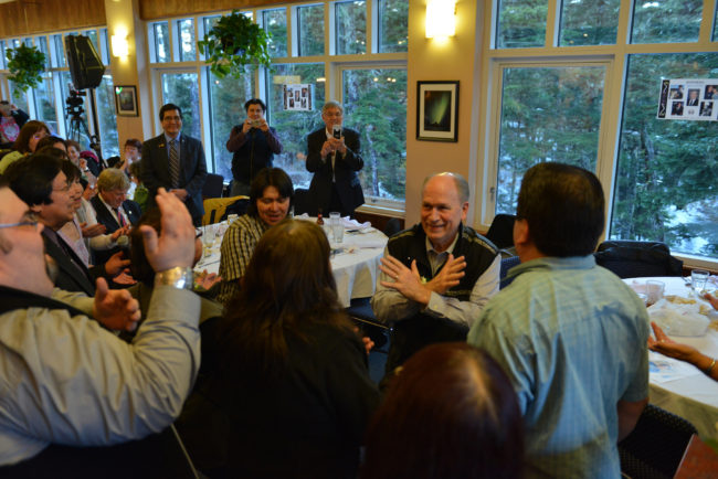 Gov. Bill Walker dances during a ceremony at a Tlingit Haida Central Council function in Juneau where he was adopted into the Kaagwaantaan Clan, April 17, 2015.  (Creative Commons photo courtesy Alaska Governor's Office)