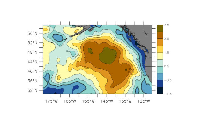 Sea surface temperature anomalies (standard deviations from the mean) in NE Pacific Ocean for February 2014 based on the record from 1981–2010.     (Graphic courtesy of American Geophysical Union)