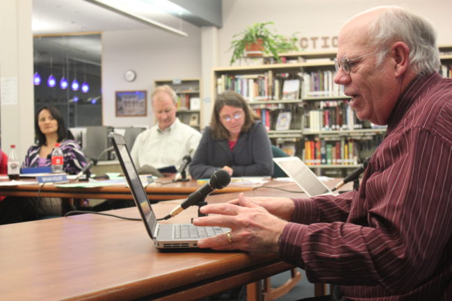 Juneau School District finance head David Means addresses the school board during Tuesday night's regular meeting. (Photo by Lisa Phu/KTOO)