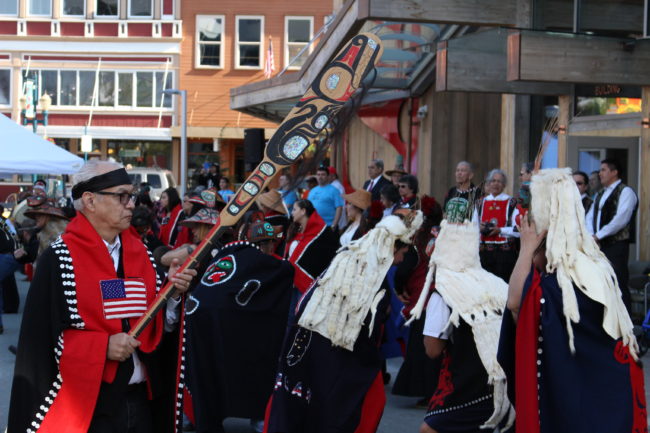 The Aangun Yatx’i dance in their regalia in front of the Walter Soboleff building.  (photo by Elizabeth Jenkins/KTOO)  