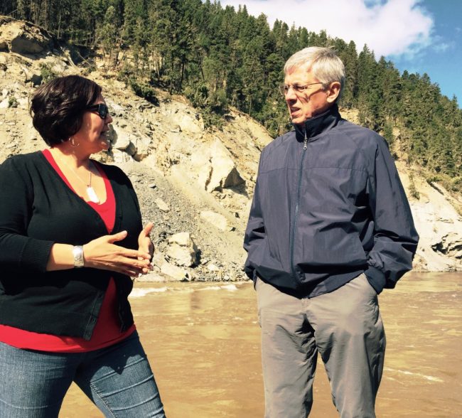 Alaska Lt. Gov. Byron Mallott discusses the Xat’sull people’s traditional fishing on the Fraser River with tribal council official Jacinda Mack on May 6, 2015. The Xat'sull live in the area damaged by August's Mount Polley Mine tailings dam collapse. They’re concerned about reopening plans. (Photo courtesy Office of the Governor)