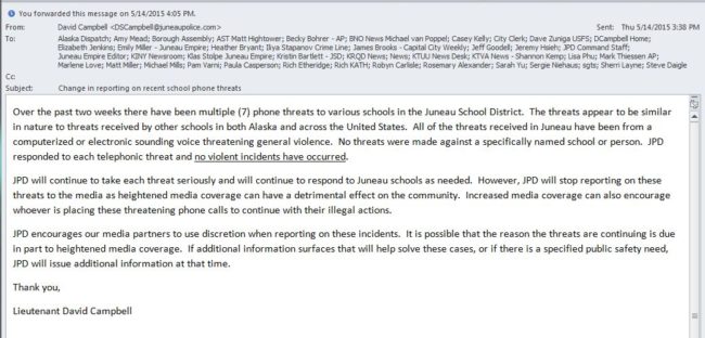 Email from Lt. David Campbell saying that JPD will no longer inform media of threatening phone calls made to schools.