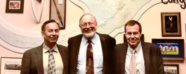U.S. Rep. Don Young poses in his office with Sealaska board member Richard Rinehart, right,  and landless spokesman Leo Barlow, left. Barlow and Reinhart were lobbying for Young's landless Natives legislation. (Photo courtest Don Young's office.)