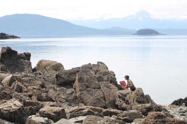 Constance Baltuck says she spends hours on the rocks painting. (Photo by Lisa Phu/KTOO)