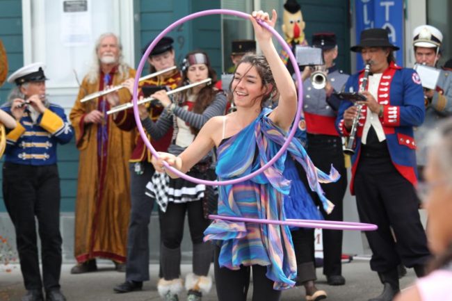 A New Old Time Chautauqua performer in the streets of Wrangell, June 26, 2015. (Photo by Zachary "Skip" Waddell/New Old Time Chautauqua)