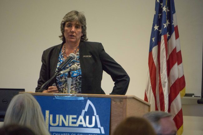 Office of Management and Budget Director Pat Pitney addresses the Juneau Chamber of Commerce, July 16, 2015. (Photo by Jeremy Hsieh/KTOO)
