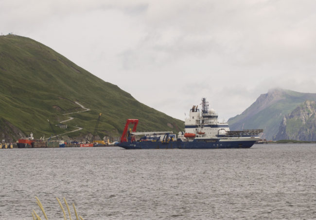 The Fennica leaving Dutch Harbor for Oregon on Sunday. (Photo by Pipa Escalante/KUCB)