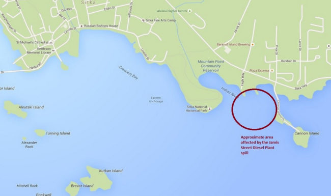 An estimated 4,000 to 7,000 gallons of diesel leaked from the Jarvis Street Diesel Plant, with some portion of it reaching Sitka Sound, though it’s not yet clear how much. (KCAW graphic)