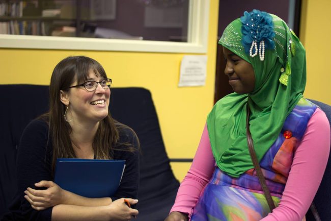 Alaska Teen Media Institute director Rosey Robards chats with Iqlas Dubed. (Photo courtesy of Alaska Teen Media Institute)