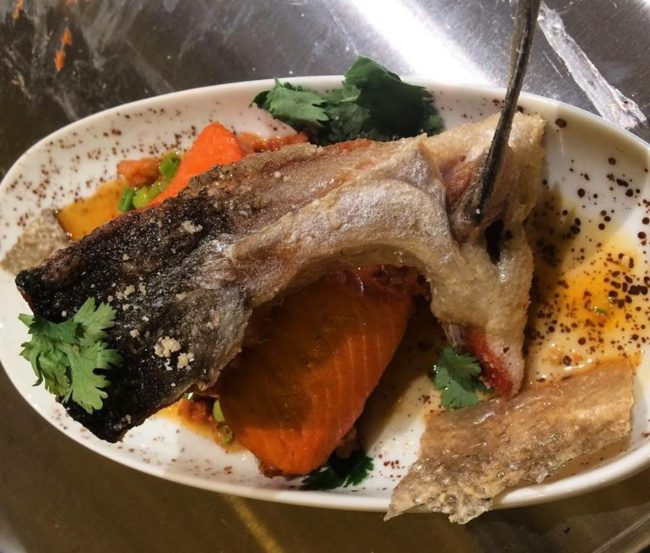Schooler's winning dish featured salmon skin chips, salmon bone salt and salmon chorizo. (Photo courtesy Laura Hotch)