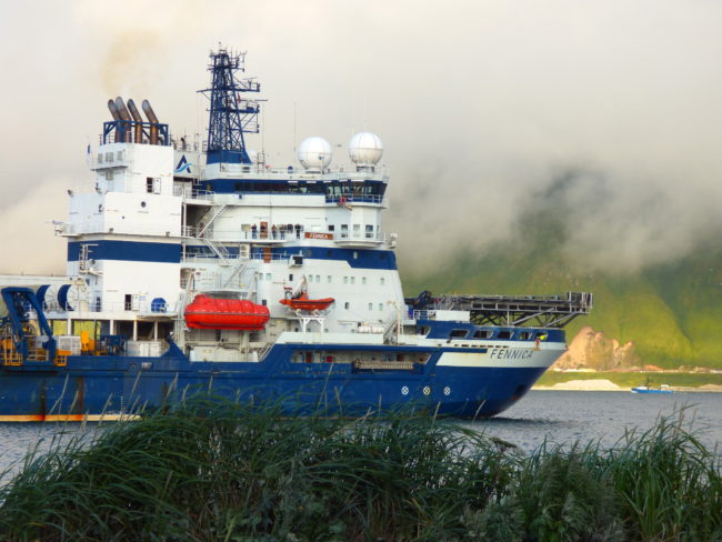 The Fennica approaches the Delta Western Fuel dock in Alaska's Dutch Harbor on Tuesday. (Photo by John Ryan/KUCB)