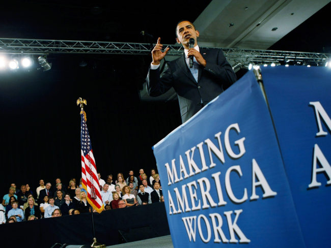 President Obama promotes the American Recovery and Reinvestment Act, also known as the stimulus package, in February 2009. Joe Raedle/Getty Images