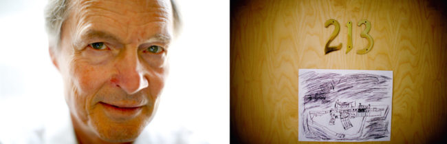 Steve Peck, president of U.S. Vets, and a drawing of an M-4 rifle with a grenade launcher taped to the door of a room at the Hollywood Veterans Center. David Gilkey/NPR