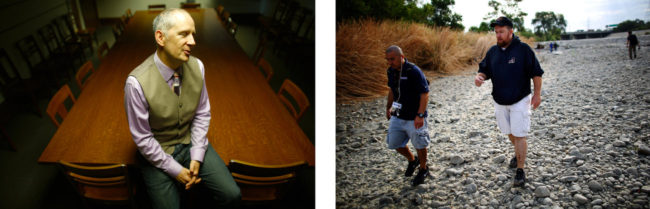 Greg Spiegel (left) advises the mayor of Los Angeles on homelessness. Jim Zenner (in hat, at right), runs the Hollywood Veterans Center. David Gilkey/NPR