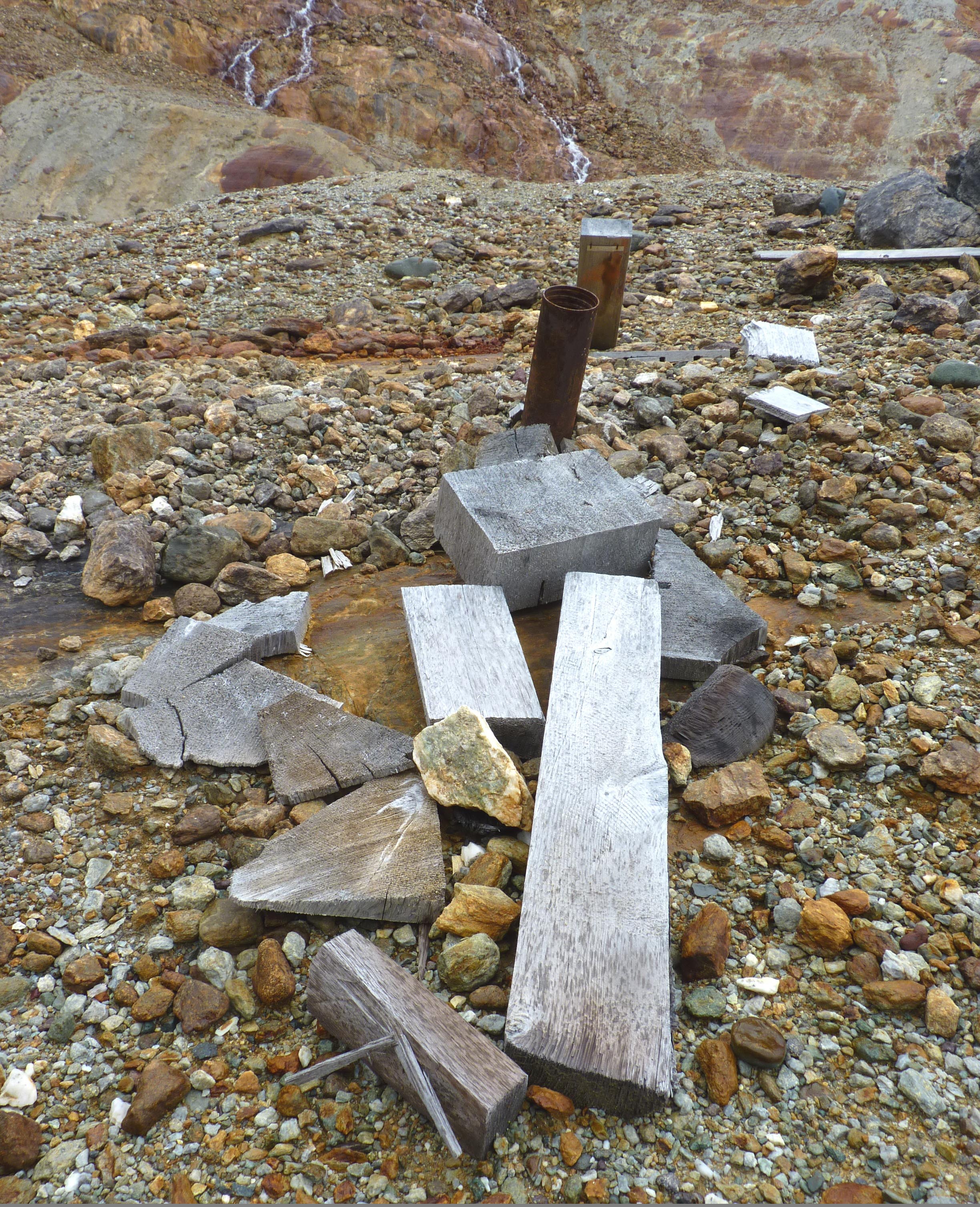 A rusty pipe marks the first drilling site at the KSM Prospect
