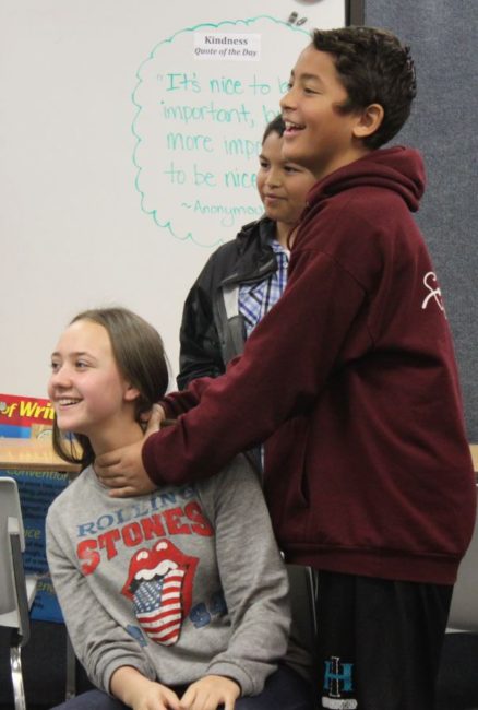Eighth grader Beni Lata plays Othello. Izza Luna is Desdemona. (Photo by Lisa Phu/KTOO)