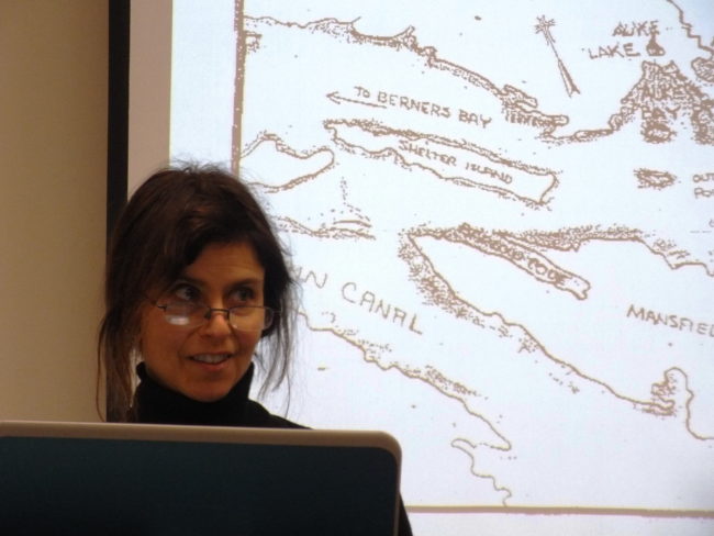 Anastasia Tarmann with the Alaska State Library and Historical Collections gives a presentation at Sharing Our Knowledge: A Conference of Tlingit Tribes and Clans on Oct. 29. (Photo by Matt Miller/KTOO)