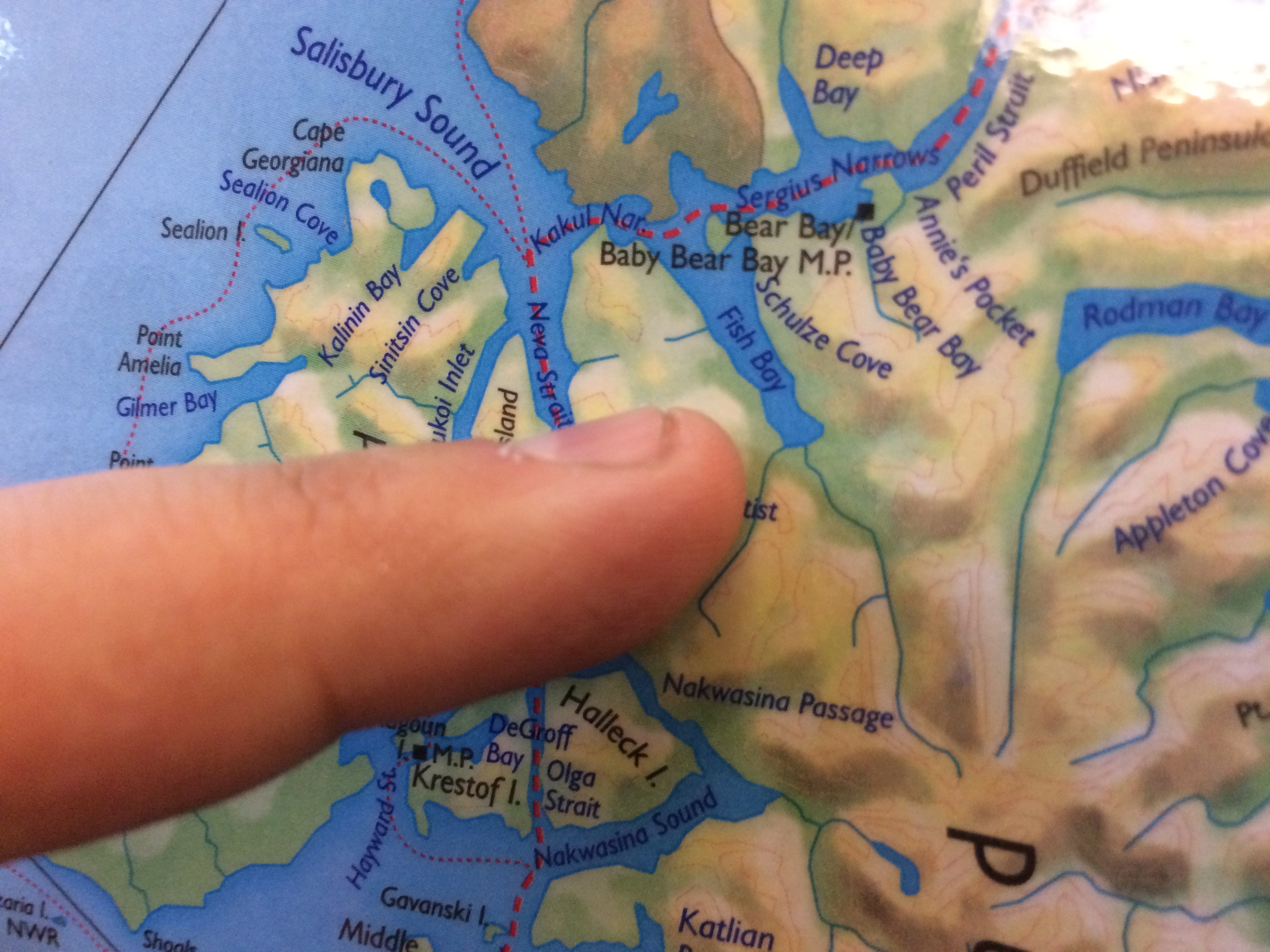 Katasse points to Fish Bay on Baranof Island where the play is set. (Photo by Scott Burton/KTOO)